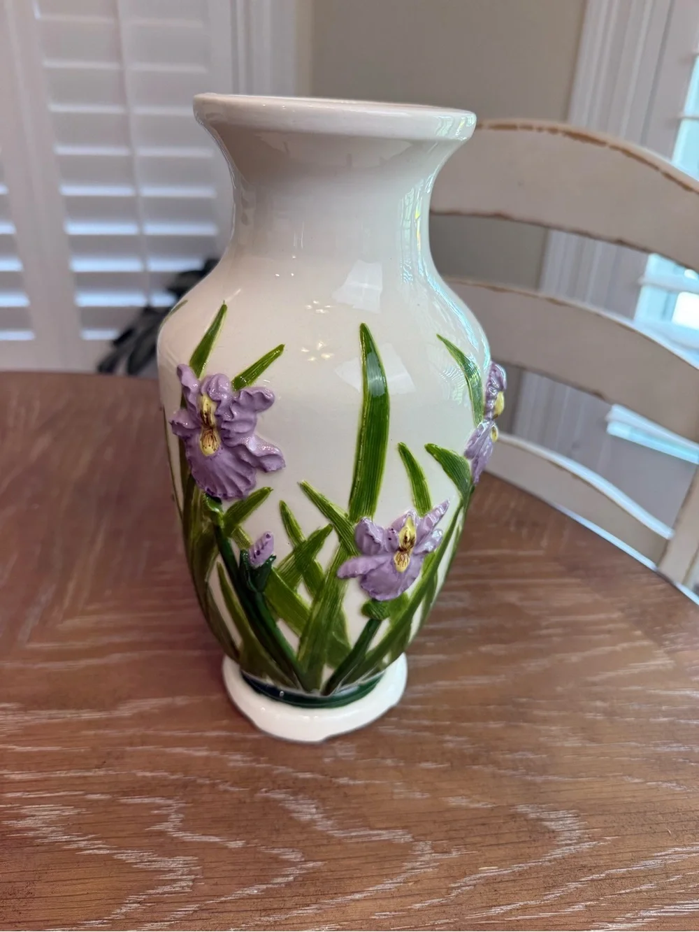 Ceramic White Vase with 3D Purple irises Floral